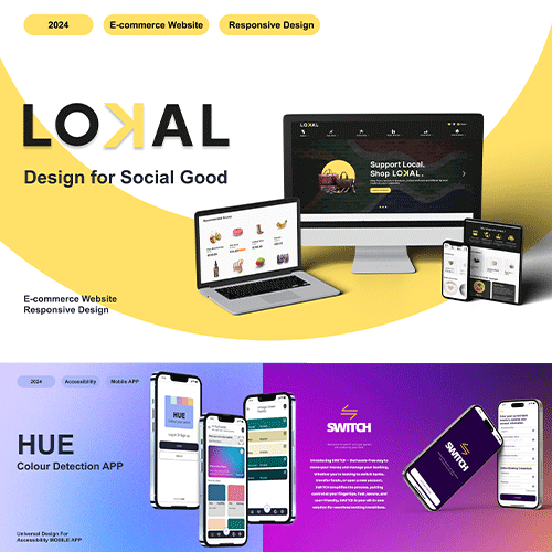 Lokal Design for Social Good hero with desktop, laptop, tablet and mobile screens on a yellow swoosh background.