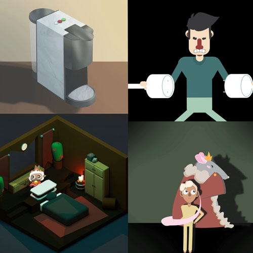 Four-panel collage: top-left shows a coffee grinder on a table; top-right a cartoon man lifting dumbbells with a worried expression; bottom-left a dim, cluttered bedroom with a person sitting at a desk; bottom-right a girl wearing a crown embracing a dragon.