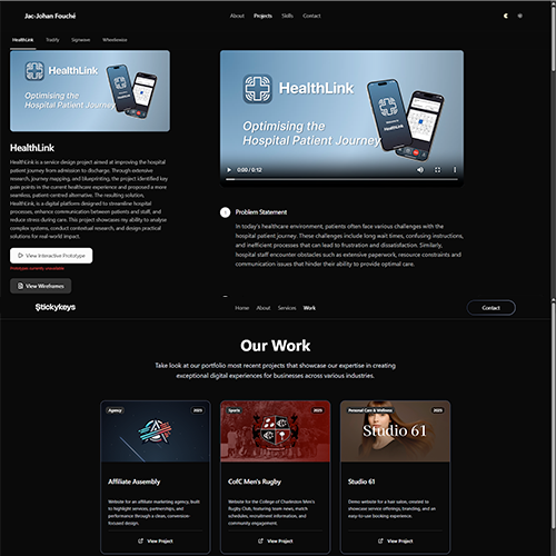 Dark portfolio page highlighting the HealthLink project with a video preview and descriptive text.