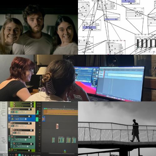 Collage showing film production workflow: a team portrait, a complex schematic diagram, editors at a workstation with dual monitors, a digital audio/video editing interface on screen, and a silhouette walking on a bridge in black-and-white.