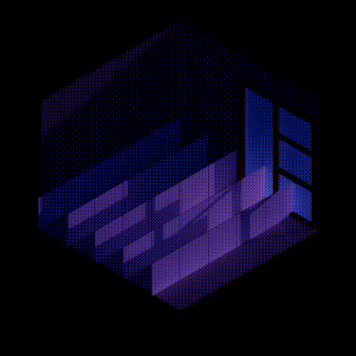 Abstract 3D cube in blue and purple tones with layered panels suggesting digital technology.