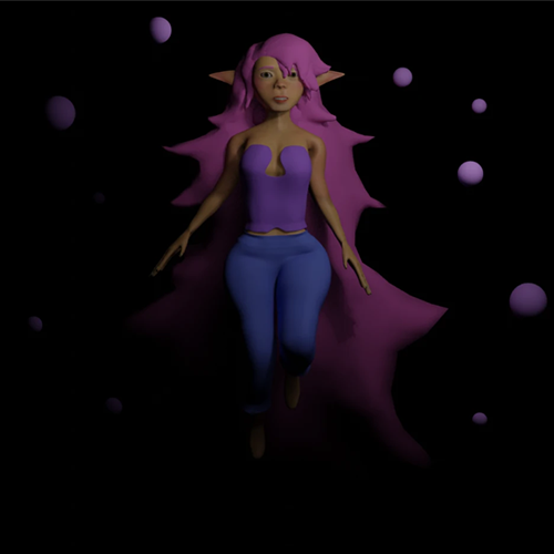 3D fantasy female elf with purple hair and cape, levitating in a dark space among purple orbs.