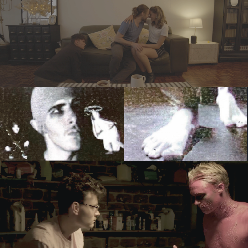 Three-scene collage: top shows a man on the floor reaching toward a couple seated on a sofa in a living room; middle features two pixelated close-ups; bottom depicts two men in a dim bar/kitchen setting, one shirtless.