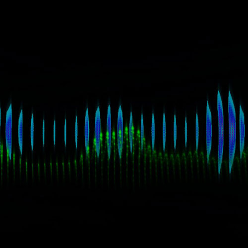 Colorful audio waveform visualization on a black background, blue and green spikes rising and falling across the center.