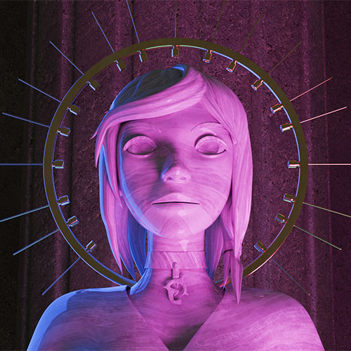 Faceless purple sculpture with closed eyes and a circular halo-like ring behind its head, glowing neon lighting in art installation style