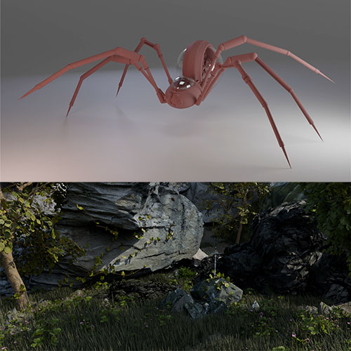 Two-panel image: top shows a red 3D spider model hovering in a gray sky; bottom shows a rocky garden with boulders and greenery.