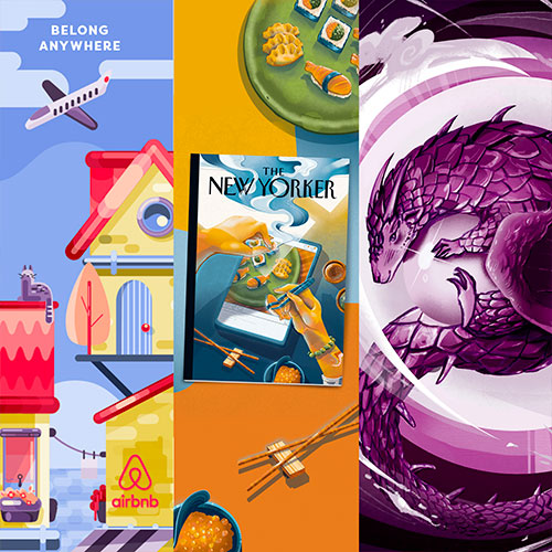 Collage showing travel and culture: Airbnb city scene with Belong Anywhere, a tablet with The New Yorker cover, and a purple dragon artwork.