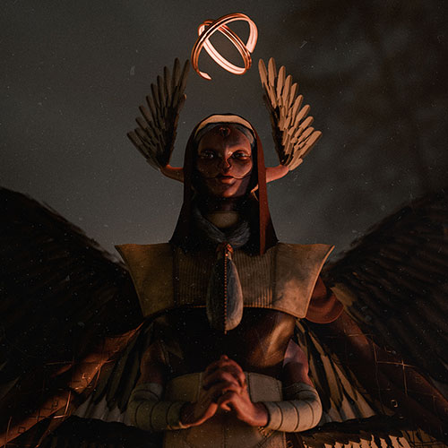 Winged armored figure in a dark setting with a glowing circular halo above the head, hands clasped in front.