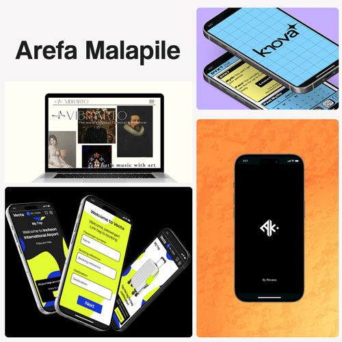 Collage showing multiple smartphones and a laptop displaying various app interfaces, with a heading that reads Arefa Malapile/Arefa Malapile (portfolio page).
