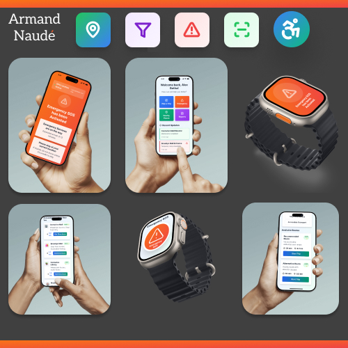 Brand collage for Armand Naudé showing six device previews (iPhone screens and a smartwatch) on a dark background.