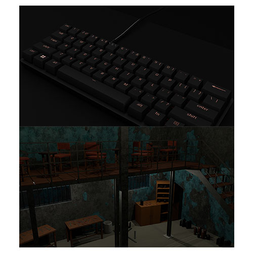 Top panel shows a close-up of a black wired mechanical keyboard on a dark surface; bottom panel shows a dim, industrial room with tables, chairs, and a stairwell.