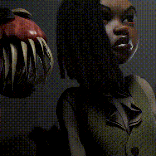 Person with dreadlocks wearing a green vest looks to the right as a red, fanged monster looms beside them.