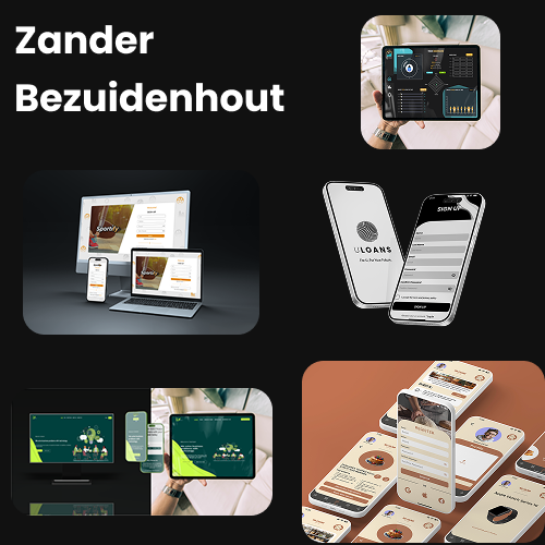 Brand header: 'Zander Bezuidenhout' with a collage of device mockups on rounded thumbnails against a dark backdrop.