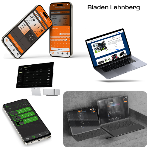 Collage of devices showing an orange-themed app on two smartphones, a laptop site, a tablet dashboard, and other screens for Blade n Lehnberg.