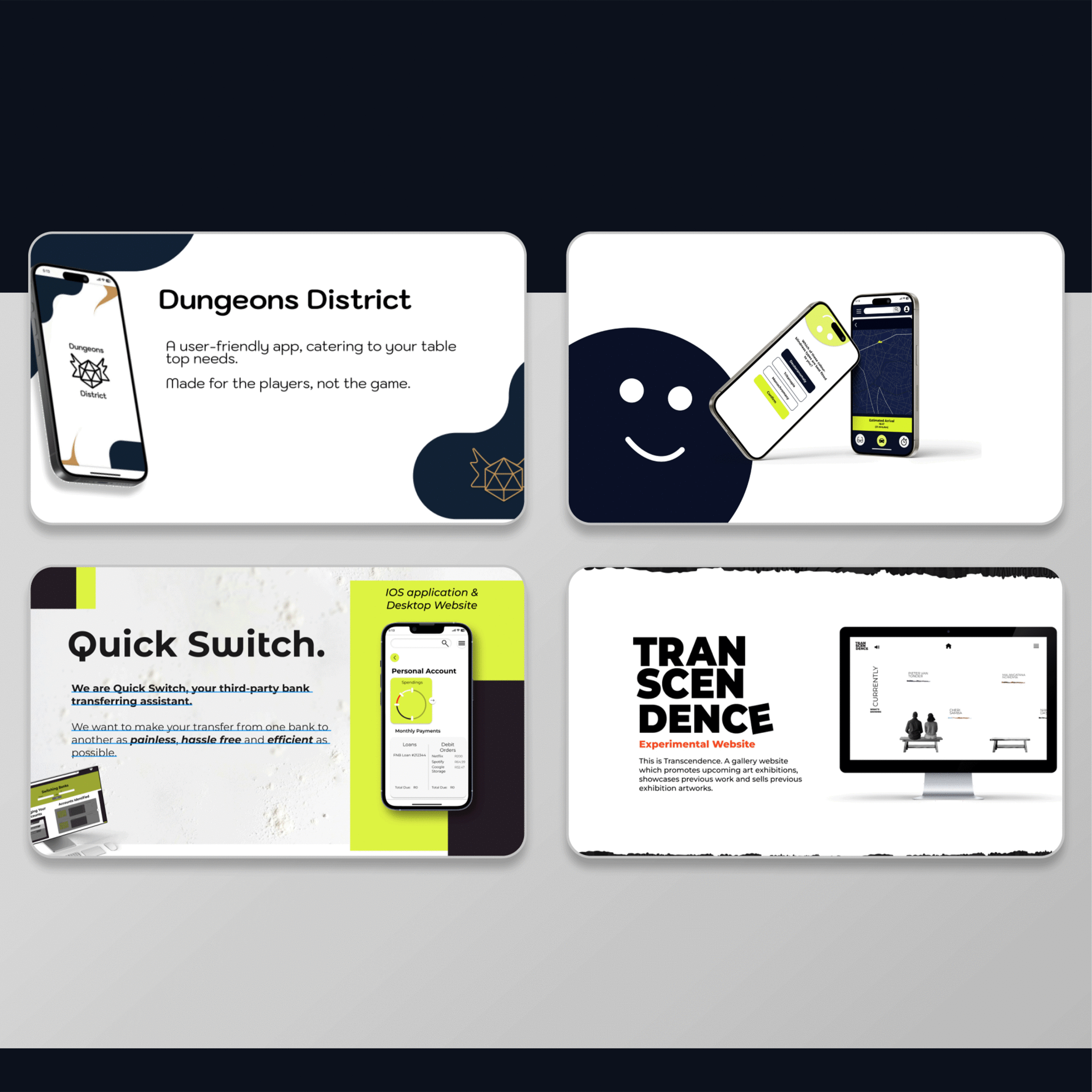 Two side-by-side app mockups on white rounded cards against a dark navy background, showcasing the Dungeons District product with mobile phone screens and decorative shapes.
