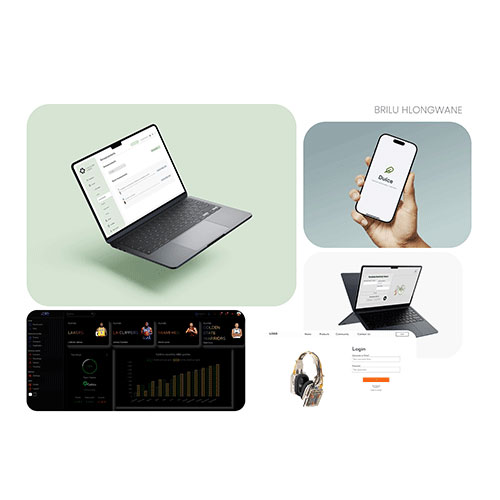 Collage of tech devices: a tilted laptop on a green background, a smartphone displaying an app, a dark analytics dashboard, a login screen, and headphones.