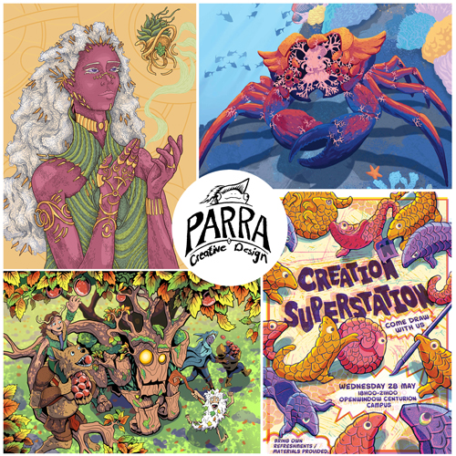 Colorful collage showcasing Parra Creative Design artworks: a purple robed figure, a bright blue crab, a lush forest scene with quirky characters, a poster reading 'Creation Superstation' with birds, and the circular Parra logo in the center.