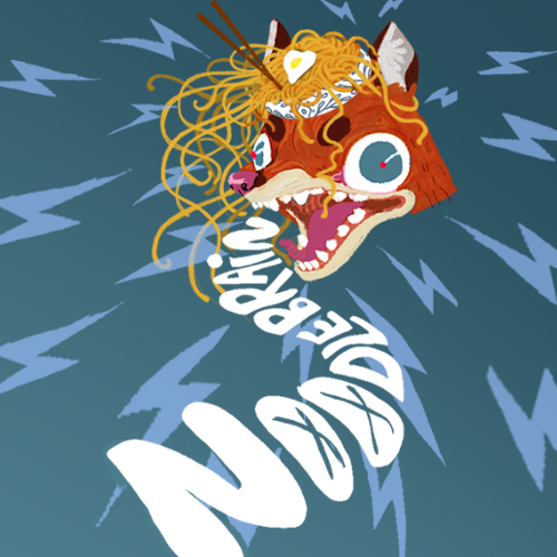 Whimsical orange fox-dragon head with yarn-like hair and a large blue eye, set against a blue background, with a curved white 'WELCOME' text flowing from its mouth.