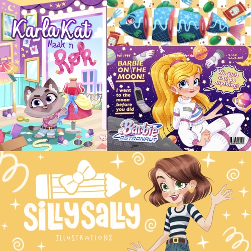 Collage of three children's book covers: KarlaKat, Barbie: Astronaut on the Moon, and Silly Sally illustrations.