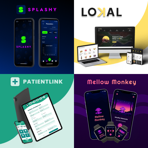Collage of four app promotions: Splashy, Local, PatientLink, and Mellow Monkey on various devices.