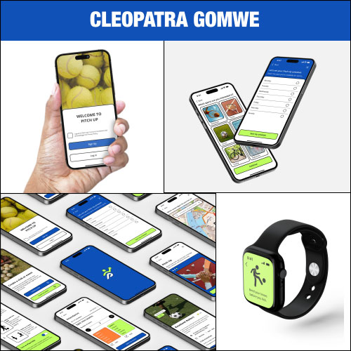 Collage of mobile app screens on smartphones and a lime-green smartwatch; blue header with the name Cleopatra Gomwe at the top.