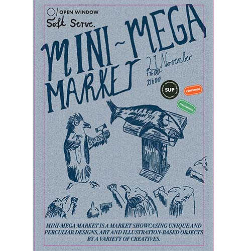 Poster advertising Mini-Mega Market with a fish on a podium and cheering critters; includes date and times (21 November, 17:00–19:00).