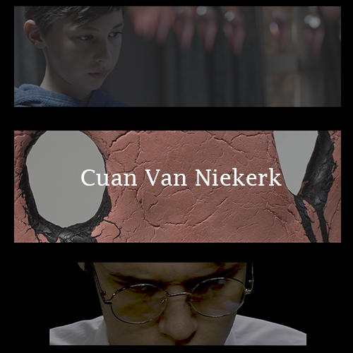 Three-panel collage: a boy in dim light looking downward, a cracked clay texture with the name 'Cuan Van Niekerk' centered, and a man with glasses gazing downward.