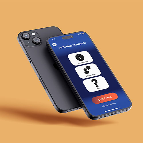 Two dark smartphones tilted together on an orange background, displaying a blue app screen with three rounded options and a red 'Lets Switch' button (switching dashboard).