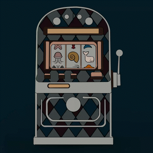 Retro jukebox with a three-panel screen showing cake, snail, and duck icons on a dark teal background.