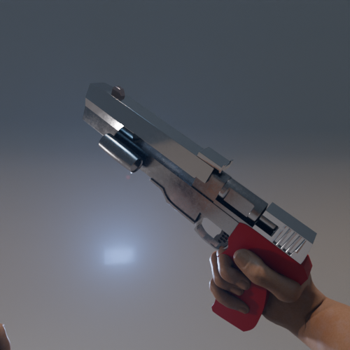 Hand holding a silver sci‑fi ray gun prop with a red grip, angled upward.