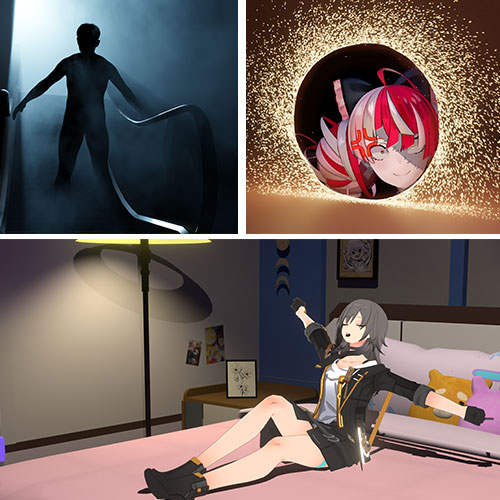 Collage of four: a silhouetted man with a long rope in blue light, a glowing orb with an anime character, a dim bedroom with a floor lamp, and an anime girl lounging on a bed
