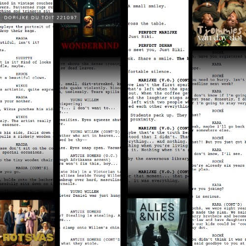 Collage of typed screenplay pages with several small movie posters interspersed, including titles like Wonderkind and Alles & Niks.