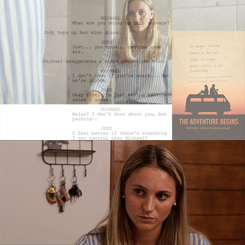 Collage of scenes: woman in a striped shirt with dialogue on screen, an orange poster reading 'The Adventure Begins' with a car, and a worried woman in a kitchen area.