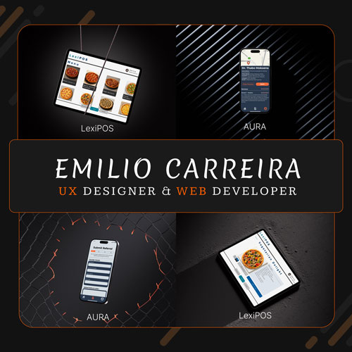 Portfolio collage with LexiPOS and AURA screenshots surrounding a central Emilio Carreira banner.