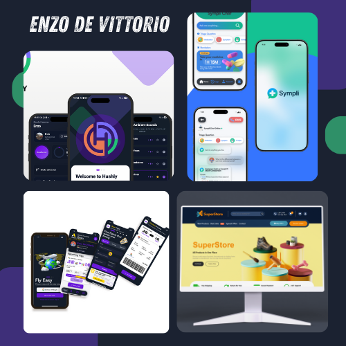Collage of app UI screens and a desktop e-commerce mockup from a designer portfolio.