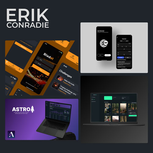 Collage of Erik Conradie UI designs: orange app screens, smartphones, a laptop on a purple Astro UI panel, and a dark monitor gallery against a dark backdrop.