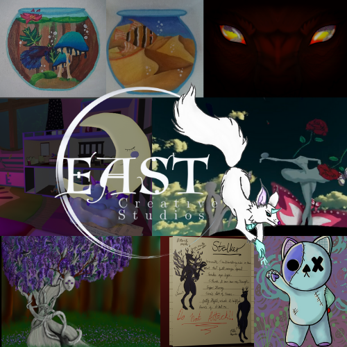 Collage of diverse artworks around a central EAST Creative Studios logo with a white fox silhouette.