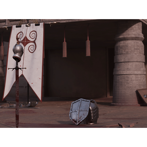 Medieval shield and suit of armor resting on a dusty ground near a banner outside a castle-like entry.