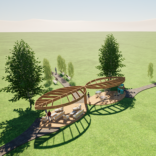 Two connected circular wooden pavilions with benches in a sunny grassy park, surrounded by trees.