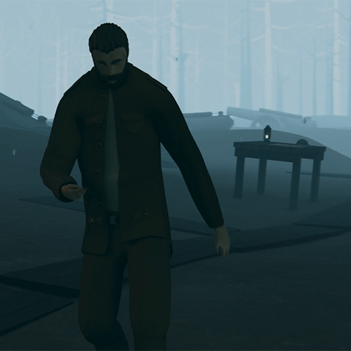 A man in a dark coat walks through a desolate, foggy landscape with scattered debris and a distant table with a candle.