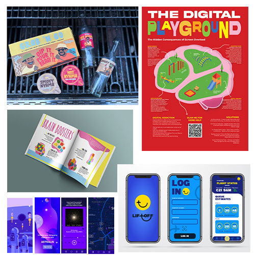 Collage of five items: grill with snack boxes, a red infographic poster titled 'The Digital Playground', an open kids' brain-themed book, purple space-themed posters, and three smartphones showing app screens.