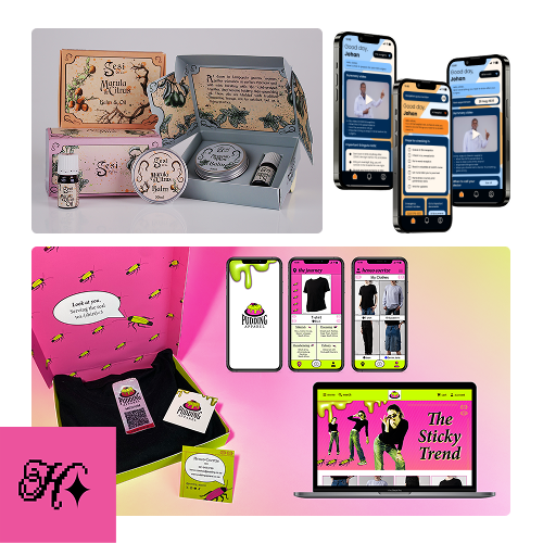 Collage of beauty gift sets, three smartphones showing a mobile app, and pink packaging with a laptop displaying 'The Sticky Trend'.