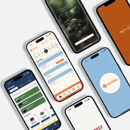 Group of smartphones angled on a white background, each screen showing different app interfaces (chat, dashboard, and branding).