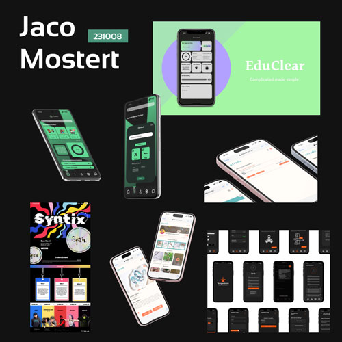 Collage of mobile app screens on a black background with a green EduClear banner and Jaco Mostert text.