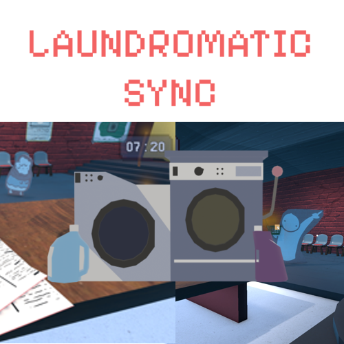 Pixel-text title 'LAUNDROMATIC SYNC' above a 3D laundromat scene with two front-loading washers, a bottle, papers, and a blue cartoon figure in the background.