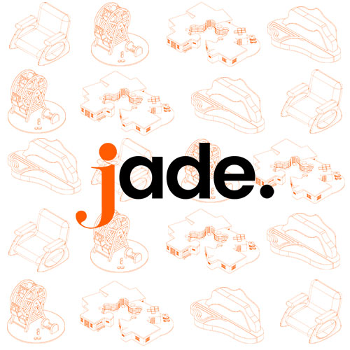 Brand logo 'jade.' in bold black text with an orange stylized 'j', centered over a repeating grid of light orange sneaker sketches.