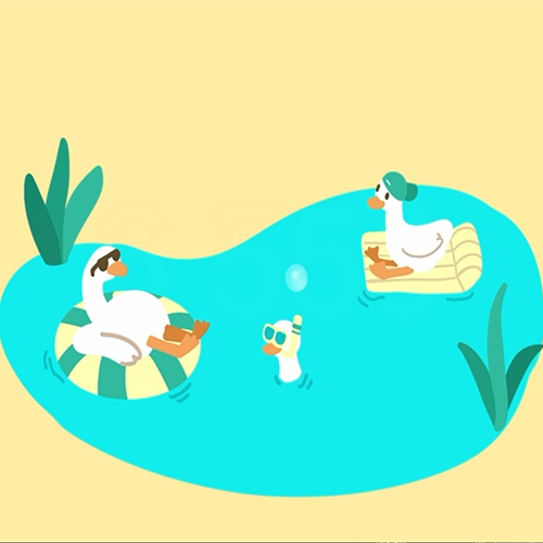 Sunny pond scene with two white swans on floats and a small duck swimming between them, with plants at the pond’s edge.