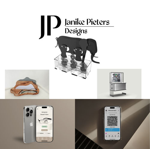 Collage showing JP Janike Pieters Designs logo, a glass elephant display, eyewear case, a kiosk, and iPhone screens.