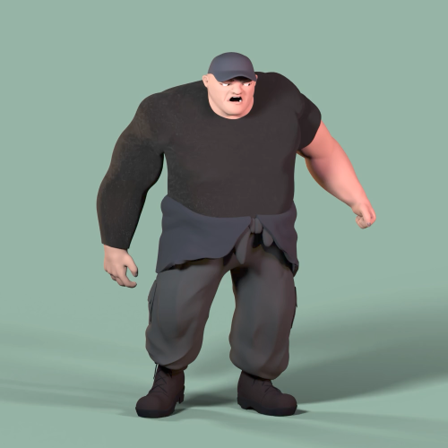 A large muscular man in a black long-sleeve shirt, dark pants, and a cap stands with clenched fists, shouting or roaring toward the camera.