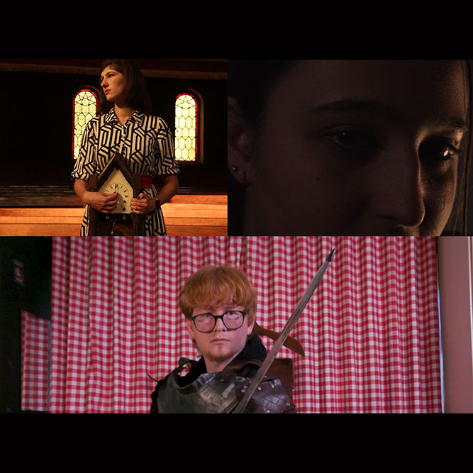 Triptych collage: a woman in a patterned dress holds a clock on a church stage, a close-up of a woman’s face, and a ginger man in knight armor with a sword before a red-checkered curtain.